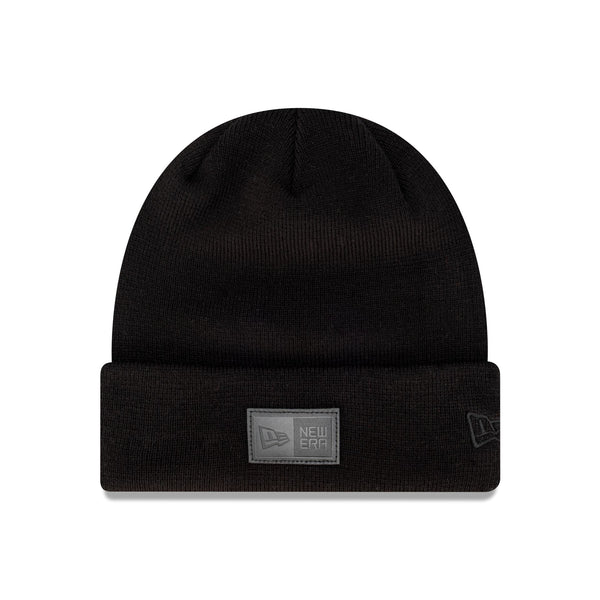 New Era Branded Leather Patch Black Cuff Beanie Hat New Era Cap