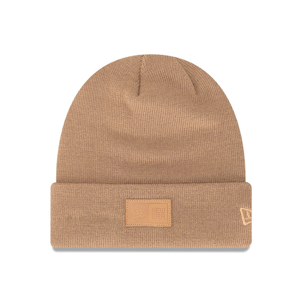 New Era Branded Leather Patch Brown Cuff Beanie