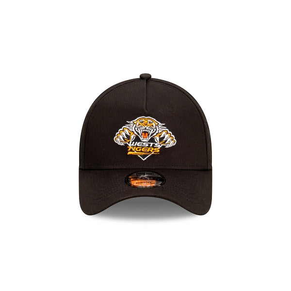 Wests Tigers Black with Official Team Colours Logo 9FORTY A-Frame Snapback